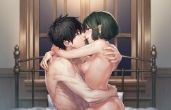 1boy 1girl after_kiss ass bed black_hair blue_eyes breasts brown_eyes closed_eyes completely_nude eye_contact french_kiss game_cg green_hair hetero highres hug indoors kaguyuzu kiss kuryo_nozomi looking_at_another nie_no_hakoniwa nipples non-web_source nude saliva saliva_trail sex short_hair small_breasts straddling upright_straddle window yasaka_kurou