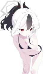 1girl absurdres bare_arms bare_shoulders bikini black_bikini black_hair black_horns blue_archive blush bright_pupils c-r-carlos collarbone commentary demon_horns dot_nose double-parted_bangs ear_piercing earrings feet_out_of_frame finger_to_mouth grey_hair hair_between_eyes hand_on_own_knee highres horns index_finger_raised jewelry kayoko_(blue_archive) knees leaning_forward multicolored_hair navel piercing ponytail red_eyes short_hair shushing sidelocks simple_background solo streaked_hair striped_horns swimsuit two-tone_hair white_background white_hair