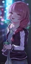 1girl black_jacket blunt_bangs blush bocchi_the_rock! braid cityscape dress drink green_dress hair_over_shoulder highres hiroi_kikuri holding holding_drink jacket juice_box letterman_jacket long_hair looking_at_viewer open_mouth red_eyes red_hair red_nails samlooop sharp_teeth sidelocks single_braid solo teeth upper_teeth_only