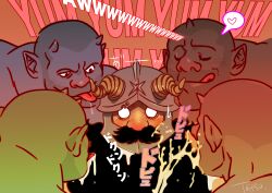 5boys absurdres bara beard blank_eyes blush brown_hair buzz_cut colored_skin cum da_(arttatsu1) dark-skinned_male dark_skin derivative_work dungeon_meshi dwarf english_text facial_hair fake_horns fantasy green_skin heart helmet highres horned_helmet horns interspecies licking_lips long_beard male_focus mixed-language_text multilingual_text multiple_boys mustache orc projectile_cum saliva screenshot_redraw senshi_(dungeon_meshi) short_hair skin-covered_horns solo_focus sound_effects spoken_heart thick_mustache tongue tongue_out tusks very_long_beard very_short_hair yaoi