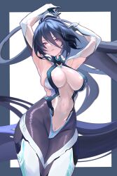 Rule 34 | 1girl, absurdly long hair, absurdres, arms up, azur lane, bodysuit, breasts, commentary request, cowboy shot, gloves, hair between eyes, high collar, highres, impossible bodysuit, impossible clothes, kansas (azur lane), large breasts, long hair, long hair between eyes, partial commentary, red eyes, see-through bodysuit, see-through clothes, silvergrace, simple background, solo, very long hair, white gloves