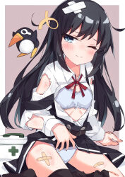 Rule 34 | 1girl, asashio (kancolle), asymmetrical legwear, bandaid, bandaid on leg, beritabo, black dress, black hair, black thighhighs, blue bra, blue eyes, blue panties, blush, border, bow, bow bra, bra, brown background, closed mouth, clothes lift, collared shirt, crossed bandaids, dress, dress lift, dress shirt, failure penguin, first aid kit, highres, kantai collection, long hair, one eye closed, open clothes, open shirt, panties, pinafore dress, shirt, sleeveless, sleeveless dress, strap slip, thighhighs, thighhighs pull, torn clothes, torn shirt, underwear, very long hair, white border, white shirt