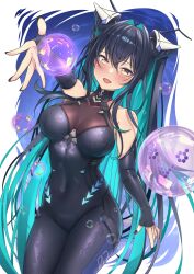 1girl absurdres accessories aqua_hair backless_bodysuit bare_shoulders black_bodysuit black_hair blue_hair bodysuit breasts bubble cleavage colored_inner_hair folded_hair goddess_of_victory:_nikke hair_intakes highres large_breasts little_mermaid_(nikke) long_hair looking_at_viewer mr2d multicolored_hair see-through_bodysuit see-through_cleavage see-through_clothes smile solo twintails very_long_hair yellow_eyes