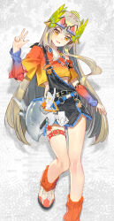 Rule 34 | 1girl, absurdres, alternate costume, arknights, arm warmers, belt, blonde hair, full body, highres, leg warmers, long hair, looking at viewer, lyuqiu, muelsyse (arknights), open mouth, orange eyes, orange leg warmers, orange shirt, shirt, smile, solo, thigh belt, thigh strap, w