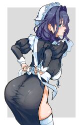 1girl absurdres apron ass black_dress blue_eyes blue_hair bow breasts closed_mouth dress from_behind gloves highres hololive hololive_english hoot_hoot_owl large_breasts looking_back maid_apron maid_headdress ouro_kronii ouro_kronii_(maid) pantylines side_slit solo thighhighs virtual_youtuber waist_bow white_gloves white_thighhighs