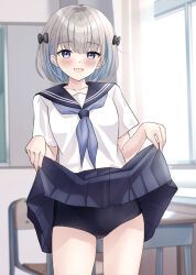 1girl :d black_bow black_one-piece_swimsuit blue_eyes blue_hair blue_neckerchief blue_sailor_collar blue_skirt blush bow chair clothes_lift collarbone commentary_request curtains desk fang gluteal_fold grey_hair hair_bow highres indoors lifting_own_clothes looking_at_viewer multicolored_hair neckerchief one-piece_swimsuit open_mouth original pleated_skirt sailor_collar school_chair school_desk school_swimsuit school_uniform serafuku shirt short_sleeves skirt skirt_lift smile solo standing swimsuit swimsuit_under_clothes two-tone_hair white_shirt window yukimaru217