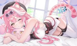 1girl animal_ear_fluff animal_ears bed black_hat blush breasts cat_ears chattino_(raora_panthera) eyewear_on_head fingernails foxckiss glasses hat heart heart-shaped_pillow highres hololive hololive_english large_breasts long_hair looking_at_viewer lying multicolored_hair nail_polish one_eye_closed panther_girl panther_tail pillow pink_hair pink_nails pink_tail raora_panthera round_eyewear spotted_tail streaked_hair tail thick_thighs thighhighs thighs white_hair white_thighhighs window yellow_eyes
