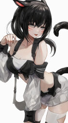 1girl :p animal_ears bare_shoulders black_eyes black_hair breasts cat_ears cat_girl cat_tail clothing_cutout detached_sleeves facial_mark final_fantasy final_fantasy_xiv highres looking_at_viewer maho_moco medium_breasts midriff miqo&#039;te ponytail skirt solo strapless tail thigh_cutout thighhighs tongue tongue_out tube_top warrior_of_light_(ff14) whisker_markings white_skirt white_thighhighs white_tube_top