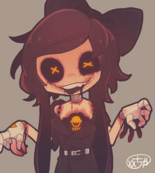 Rule 34 | 1girl, asymmetrical eyelashes, black bow, black dress, bow, cyn (murder drones), double horizontal stripe, dress, extra hands, frilled vest, frills, glove cuffs, grey tongue, highres, horizontal-striped socks, humanoid robot, lace-trimmed headwear, lace trim, long hair, looking at viewer, low-tied sidelocks, mechanical arms, mechanical head, murder drones, open mouth, puffy short sleeves, puffy sleeves, robot, shirt, short sleeves, sidelocks, simple background, small pupils, smile, user pydd2584, vest, yellow collar, yellow eyes, yellow sleeve cuffs