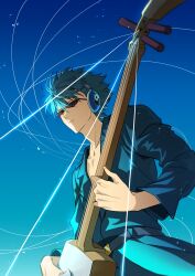 1boy absurdres blue_background blue_coat blue_hair blue_sky closed_mouth coat collarbone commentary commentary_request gintama guitar hair_between_eyes headphones highres holding holding_instrument instrument kawakami_bansai long_sleeves male_focus music pectoral_cleavage pectorals playing_instrument short_hair sky solo string sunglasses user_xcmk4578 yin_yang yin_yang_print