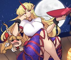 2girls blonde_hair blue_skirt blue_sky blush bow breasts brown_hair chain closed_mouth commentary cone_horns cuffs cup english_commentary fang fangs feet_out_of_frame full_moon hair_bow highres holding holding_cup horns hoshiguma_yuugi ibuki_suika large_breasts long_hair looking_at_viewer missandydandy moon multiple_girls outdoors parted_bangs pointy_ears red_bow red_eyes red_horns red_skirt sakazuki shirt short_sleeves single_horn sitting skirt sky smile star_(sky) star_(symbol) starry_sky striped_clothes striped_skirt t-shirt touhou vertical-striped_clothes vertical-striped_skirt very_long_hair white_shirt