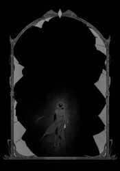 1boy benkdjjituibot black_background black_coat black_hair boots broken_glass broken_mirror coat combat_boots from_behind gem glass greyscale highres holding holding_sword holding_weapon male_focus mirror monochrome omniscient_reader&#039;s_viewpoint popped_collar short_hair size_difference solo sword walking weapon wing_print yoo_joonghyuk