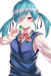 1girl absurdres blue_hair blue_sweater_vest bow bowtie candy collared_shirt commentary food grin hair_over_one_eye highres holding holding_candy holding_food holding_lollipop lollipop long_hair long_sleeves red_bow red_bowtie red_eyes shirt simple_background smile sweater_vest takigawa_noa twintails upper_body white_background white_shirt yamada-kun_to_7-nin_no_majo yuunamida_uyu