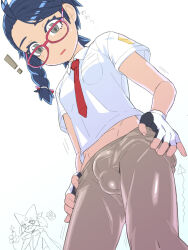 ! 1boy black_gloves blue_hair braid brown_pants bulge commentary_request covered_penis cowboy_shot fingerless_gloves from_below gloves grey_eyes highres hutamaru long_hair looking_down male_focus meowscarada midriff_peek necktie nintendo original pants parted_lips pokemon pokemon_(creature) pokemon_sv red-framed_eyewear red_necktie school_uniform shirt short_sleeves side_braid trap undressing upshirt uva_academy_school_uniform white_background white_gloves white_shirt