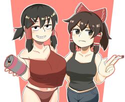 2girls beer_can black_eyes black_hair black_tank_top blush bow breasts brown_hair can cigarette cili_(cookie) commentary_request cookie_(touhou) cowboy_shot drink_can frilled_bow frilled_hair_tubes frills frown gomimaro grin hair_bow hair_tubes hakurei_reimu highres holding holding_cigarette large_breasts looking_at_viewer maru_(cookie) multiple_girls navel panties red_background red_bow red_panties red_tank_top short_hair smile strap_slip tank_top touhou two-tone_background underwear v-shaped_eyebrows