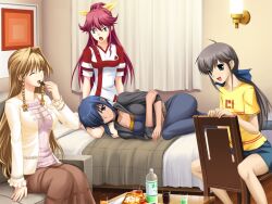 1boy 3girls :d ^_^ blonde_hair blue_hair breasts chair closed_eyes dark-skinned_female dark_skin denim denim_shorts game_cg hair_ribbon jeans kimi_ga_aruji_de_shitsuji_ga_ore_de kiyohara_chiharu large_breasts long_hair lying multiple_girls natose on_side open_mouth pants red_hair ribbon shironeko_sanbou shirt short_hair shorts sitting smile soda_bottle surprised talking trap uesugi_mihato venis yellow_shirt