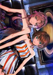 2girls aqua_eyes asu_(sinsekai) bare_shoulders bema_(sinsekai) brown_hair character_name commentary_request copyright_name couch dress earrings grey_hair hair_ornament highres jewelry kamitsubaki_studio looking_at_viewer multicolored_hair multiple_girls off-shoulder_dress off_shoulder official_art on_couch parted_bangs picture_frame pink_hair second-party_source segami sideways sinsekai_record sitting streaked_hair striped_clothes striped_dress vertical-striped_clothes vertical-striped_dress virtual_youtuber