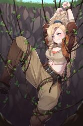 1girl absurdres blonde_hair blue_eyes boots braid breasts brown_boots brown_pants clenched_teeth crop_top cropped_jacket gemma_(monster_hunter_wilds) goggles goggles_around_neck highres light_blush long_hair medium_breasts midriff mocomori monster_hunter_(series) monster_hunter_wilds pants plant ponytail restrained side_braid solo suspension teeth vines