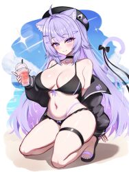 1girl animal_ears bare_shoulders beach bikini black_bikini black_jacket breasts cat_ears cat_girl cat_tail cleavage cup full_body highres holding holding_cup hololive jacket kogekoge1207 large_breasts long_hair nekomata_okayu ocean off_shoulder purple_eyes purple_hair purple_tail sand solo swimsuit tail very_long_hair virtual_youtuber