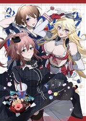 Rule 34 | 3girls, black dress, blonde hair, blue eyes, breasts, brown hair, candy, cleavage, closed mouth, donut, dress, drink, drinking straw, food, front-tie top, hair between eyes, highres, ichimonme (ichi), intrepid (kancolle), iowa (kancolle), kantai collection, large breasts, long hair, multiple girls, navel, one eye closed, open mouth, saratoga (kancolle), short sleeves, side ponytail, smile, star-shaped pupils, star (symbol), symbol-shaped pupils