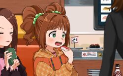 +_+ 3girls blush brown_hair child closed_eyes closed_mouth commentary_request conveyor_belt_sushi cup eating food green_eyes highres holding holding_cup holding_food hood hoodie idolmaster idolmaster_(classic) indoors long_sleeves looking_at_food minase_iori multiple_girls naruse_ill open_mouth orange_hoodie out_of_frame plate plate_stack restaurant saliva sparkling_eyes sushi takatsuki_yayoi tongue tongue_out twintails yunomi