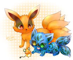 animal_focus commentary_request dated dedenne fang game_freak gen_6_pokemon green_eyes kitsune kurama_(naruto) kyuubi matatabi_(naruto) multiple_tails naruto naruto_(series) nekomata nintendo no_humans onigiri_(tokkun-chu) open_mouth pokemon pokemon_(creature) red_eyes signature smile tail yellow_eyes