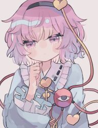 Rule 34 | 1girl, black hairband, blue shirt, blush, brown background, buttons, clenched hand, closed mouth, commentary request, eyeball, frilled shirt collar, frilled sleeves, frills, hair ornament, hairband, heart, heart button, heart hair ornament, hiyuu (hiyualice), komeiji satori, long sleeves, looking at viewer, pink eyes, pink hair, ribbon-trimmed collar, ribbon trim, shirt, simple background, solo, third eye, touhou, wide sleeves