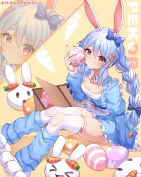 1girl absurdres animal_ear_fluff animal_ears blue_dress blue_hair blue_thighhighs blush braid breasts carrot_hair_ornament dress easter egg food-themed_hair_ornament hair_ornament highres holding holding_egg hololive long_hair looking_at_viewer miko_no_kamiko multicolored_hair rabbit_ears rabbit_girl red_eyes small_breasts solo thick_eyebrows thighhighs thighs twin_braids two-tone_hair usada_pekora virtual_youtuber white_hair white_thighhighs yellow_background