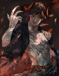 1boy abs absurdres arms_up bacon_828 bare_pectorals belial_(granblue_fantasy) belt black_hair black_sclera black_shirt body_markings colored_sclera commentary_request cowboy_shot curled_horns demon_horns embers facial_mark fangs fingernails granblue_fantasy groin highres horns looking_to_the_side male_focus multiple_belts open_clothes open_mouth open_shirt pectorals popped_collar red_eyes red_horns sharp_fingernails shirt short_hair sideways_glance solo teeth torn_clothes