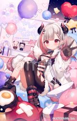 1girl ana_(rznuscrf) balloon black_horns black_shoes blush box braid breasts character_doll closed_mouth commentary_request confetti copyright_notice doll ear_piercing english_text gift gift_box gradient_horns hair_ornament headphones heart heart_balloon horns jacket monitor multicolored_hair multicolored_horns naraka_(1st_costume)_(nijisanji) naraka_(4th_costume)_(nijisanji) naraka_(5th_costume)_(nijisanji) naraka_(nijisanji) nijisanji official_art open_clothes open_jacket pantyhose piercing pink_hair pointy_ears red_eyes sample_watermark shoes single_leg_pantyhose sitting smile solo star_balloon streaked_hair torn_clothes torn_pantyhose unworn_headphones v virtual_youtuber watermark white_hair white_jacket