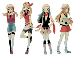 00s 1990s_(style) 2002 2009 4girls bad_id bad_pixiv_id bandana bare_shoulders beanie bike_shorts blue_eyes blue_hair boots bow bracelet brown_eyes brown_hair copyright_name dawn_(pokemon) everyone green_eyes hair_ornament hat holding holding_poke_ball jewelry leaf_(pokemon) long_hair lyra_(pokemon) may_(pokemon) multiple_girls nintendo overalls pink_boots poke_ball pokemon pokemon_dppt pokemon_frlg pokemon_hgss pokemon_rgby pokemon_rse retro_artstyle scarf shoes shorts skirt socks standing standing_on_one_leg thighhighs twintails white_legwear yodokawa_(yukko)