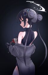 1girl bare_shoulders black_background black_dress black_gloves black_hair blue_archive butterfly_hair_ornament chinese_clothes closed_mouth coat cowboy_shot double_bun dress from_behind gloves gradient_background grey_coat grey_eyes hair_bun hair_ornament halo highres holding kisaki_(blue_archive) long_hair long_sleeves looking_at_viewer looking_back lube mildt off_shoulder open_clothes open_coat smile smug solo twintails