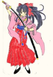 Rule 34 | 1girl, black hair, bow, breasts, brown eyes, fingerless gloves, gloves, hair ribbon, highres, japanese clothes, legs, long hair, long skirt, looking at viewer, medium breasts, ponytail, red bow, ribbon, sakura taisen, sega, shinguuji sakura, skirt, smile, solo, thighs, traditional media, weapon