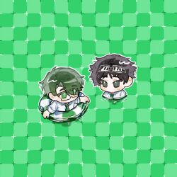 Rule 34 | 2boys, black hair, collared shirt, dongrang (project moon), eyewear on head, floating, glasses, green background, green eyes, green hair, green necktie, green theme, highres, holding, holding swim ring, innertube, lifebuoy, limbus company, looking at another, motion lines, multiple boys, necktie, partially submerged, primrose field illusion, project moon, red hong00, samjo (project moon), shirt, short hair, sweatdrop, swept bangs, swim ring, swimming, white shirt