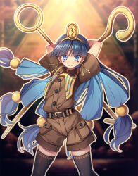 1girl ai-generated_background arms_behind_head arms_up belt belt_buckle black_belt black_thighhighs blue_eyes blue_hair blunt_bangs brown_shirt brown_shorts buckle buttons chima_q closed_mouth collared_shirt cowboy_shot earrings facial_mark facial_tattoo flat_chest gold gold_buckle hair_bobbles hair_ornament headpiece highres holding holding_scepter jewelry key key_earrings light_blush long_hair looking_at_viewer low-tied_long_hair michigami_nareko no_nose outline pocket pyramid_(structure) scepter shirt short_sleeves shorts skindentation smile solo sphere_hair_ornament standing tattoo thighhighs touhou triangle triangle_facial_mark