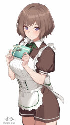 1girl alternate_costume apron blush box brown_hair brown_shirt brown_shorts commentary_request corset enmaided frilled_apron frills gakuen_idolmaster gift gift_box green_ribbon happy_mille-feuille_(idolmaster) highres holding holding_box idolmaster looking_at_viewer maid neck_ribbon neo_asari official_alternate_costume oregano_(olgn_eao) puffy_short_sleeves puffy_sleeves purple_eyes ribbon shirt short_hair short_sleeves shorts signature simple_background solo twitter_username white_apron white_background