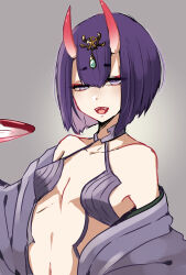 1girl aeri_tomo black_choker bob_cut breasts choker commentary_request cup fate/grand_order fate_(series) headpiece highres horns medium_hair navel open_clothes open_mouth open_robe purple_eyes purple_hair purple_robe robe sakazuki shuten_douji_(fate) skin-covered_horns small_breasts smile solo upper_body