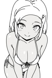 1girl angol_mois artist_request breasts cleavage closed_mouth greyscale hair_ornament hairclip highres keroro_gunsou looking_at_viewer monochrome navel short_hair simple_background smile solo white_background