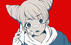 1girl bandaid bandaid_on_face bandaid_on_nose commentary_request cone_hair_bun diagonal_bangs double_bun furrowed_brow gauze gauze_on_cheek hair_bun hand_up highres holding holding_phone hood hood_down limited_palette looking_at_viewer open_mouth phone red_background short_hair simple_background solo surprised sweatdrop tomarigi_yasumi tori2929_(toriniku) toshi_densetsu_kaitai_center upper_body wide-eyed
