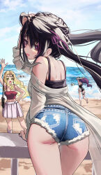 Rule 34 | 3girls, absurdres, ass, bag, beach, bikini, black camisole, black hair, black one-piece swimsuit, blonde hair, blue shorts, blue sky, camisole, denim, denim shorts, erie ever (torriet), hair between eyes, hair ribbon, handbag, highres, iruka blue (torriet), jacket, long hair, looking at viewer, multicolored hair, multiple girls, ocean, one-piece swimsuit, open mouth, original, outdoors, pleated skirt, priite hari (torriet), purple eyes, purple hair, red camisole, ribbon, short shorts, shorts, skirt, sky, socks, solo focus, standing, swimsuit, thighs, torriet, twintails, two-tone hair, waving, white jacket, white skirt, white socks
