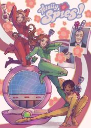 1boy 4girls alex_(totally_spies) arms_behind_head belt black_hair blonde_hair bodysuit clover_(totally_spies) commentary compowder copyright_name english_commentary green_bodysuit hair_dryer high_heels highres holding holding_hair_dryer holding_weapon jerry_(totally_spies) jerry_lewis jumpsuit leg_up long_hair looking_at_viewer mandy_(totally_spies) momoiro_lys multiple_girls orange_hair photo_(object) red_bodysuit sam_(totally_spies) short_hair smile totally_spies twitter_username weapon y2k_fashion yellow_bodysuit