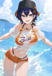 Rule 34 | 1girl, absurdres, belle (summer skies) (zenless zone zero), belle (zenless zone zero), bikini, black hat, blue eyes, blue hair, blue sky, blush, breasts, cloud, commentary request, day, flower, green eyes, hat, highres, horizon, large breasts, looking at viewer, motion blur, navel, ocean, official alternate costume, open mouth, orange bikini, orange shorts, shirt, short twintails, shorts, sky, solo, splashing, stomach, swimsuit, twintails, wading, water, weimiaw, wet, wet clothes, wet shirt, white shirt, zenless zone zero