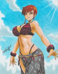1girl bikini breasts brown_eyes brown_hair cleavage curvy earrings female_focus huge_breasts jewelry large_breasts oscarjquint2892 oscarjquintero outdoors panties short_hair skirt smile smiley_face snk standing swimsuit the_king_of_fighters the_king_of_fighters_all-stars thick_thighs thighs underwear vice_(kof) wide_hips