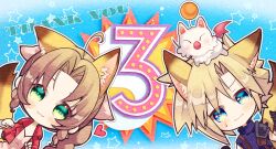 1boy 1girl :3 absurdres aerith_gainsborough ahoge animal animal_ears animal_on_head arestear0701 armor black_gloves blonde_hair blue_background blue_eyes blue_shirt blush braid braided_ponytail brown_hair chibi chibi_only cloud_strife creature dress final_fantasy final_fantasy_vii fox_boy fox_ears fox_girl fox_tail gloves green_eyes hair_between_eyes hair_ribbon highres jacket kemonomimi_mode long_hair moogle on_head parted_bangs pauldrons paw_pose pink_dress pink_ribbon red_jacket ribbon shirt short_hair shoulder_armor sidelocks single_braid single_pauldron sleeveless sleeveless_turtleneck spiked_hair suspenders sweatdrop tail thank_you turtleneck upper_body