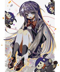 Rule 34 | 1girl, :d, black socks, blush, bow, bowtie, brown shoes, c:, character cutout, chibi, collared shirt, colored shadow, commentary request, confetti, dot nose, drop shadow, full body, grey eyes, grey jacket, grey shirt, grey skirt, heart, highres, invisible floor, jacket, kneehighs, knees up, loafers, long hair, long sleeves, looking to the side, miniskirt, ohi (w 9e), open clothes, open jacket, open mouth, orange ribbon, outside border, pillarboxed, purple hair, red bow, red bowtie, ribbon, school uniform, seishou music academy uniform, shadow, shirt, shoes, shoujo kageki revue starlight, sitting, skirt, smile, socks, solid oval eyes, tsuyuzaki mahiru, two side up, white background