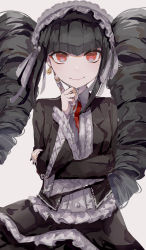 1girl a_sa_gohan black_hair black_jacket black_nails celestia_ludenberg claw_ring closed_mouth commentary_request crossed_arms danganronpa:_trigger_happy_havoc danganronpa_(series) drill_hair earrings frilled_sleeves frills gothic_lolita grey_background grey_shirt highres jacket jewelry layered_skirt lolita_fashion long_hair long_sleeves looking_at_viewer maid_headdress nail_polish necktie open_clothes open_jacket pleated_skirt red_eyes red_necktie shirt simple_background skirt smile solo straight-on twin_drills twintails wide_sleeves
