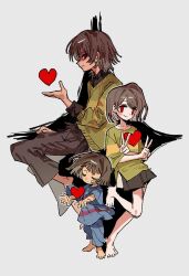 Rule 34 | 3others, bandaid, bandaid on cheek, bandaid on face, black shorts, blue pants, brown hair, brown pants, chara (undertale), closed eyes, closed mouth, commentary, deltarune, double v, eg0hen, frisk (undertale), grey background, hair between eyes, heart, highres, kris (deltarune), multiple others, pants, red eyes, shorts, simple background, skirt, soul (deltarune), standing, standing on one leg, striped clothes, striped sweater, sweater, undertale, v