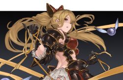1girl armor armored_dress back blonde_hair bow breasts disgust dress frills from_behind gloves granblue_fantasy hair_bow high_ponytail long_hair looking_back medium_breasts n9+ ponytail red_bow red_eyes sidelocks simple_background solo vira_(granblue_fantasy)