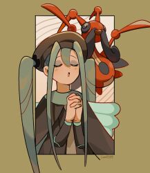 1girl :o blue_wings brown_background brown_cape brown_dress brown_headwear brown_necktie bug_miku_(project_voltage) butterfly_wings cape closed_eyes commentary coral_(coral_l33) dress english_commentary eyeshadow facing_viewer fake_wings gen_4_pokemon green_hair grey_eyeshadow hair_between_eyes hair_through_headwear hands_up hat hatsune_miku highres insect_wings interlocked_fingers kricketune long_hair long_sleeves makeup music necktie nintendo open_mouth own_hands_clasped own_hands_together pokemon pokemon_(creature) project_voltage singing twintails upper_body very_long_hair vocaloid wings
