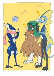 Rule 34 | +++, ^ ^, absurdres, border, closed eyes, decidueye, gen 6 pokemon, gen 7 pokemon, gen 8 pokemon, greninja, highres, inteleon, light blush, nintendo, open mouth, outside border, pkpokopoko3, pokemon, pokemon (creature), pokemon focus, sparkle, spoken expression, standing, tongue scarf, white border, yellow background